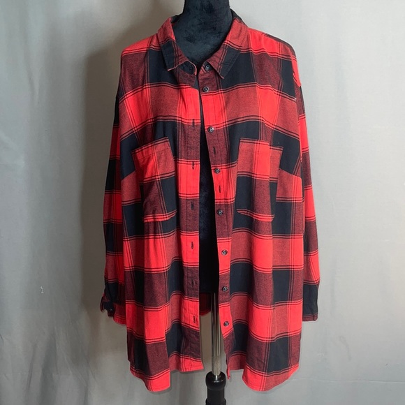 Ava & Viv Tops - 3X Women's Flannel Shirt  Plaid Red Long Sleeve